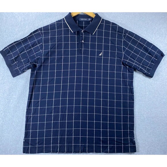 Nautica Polo Shirt Men's XL Dark Blue Window Check Golf Performance Short Sleeve - Picture 1 of 10